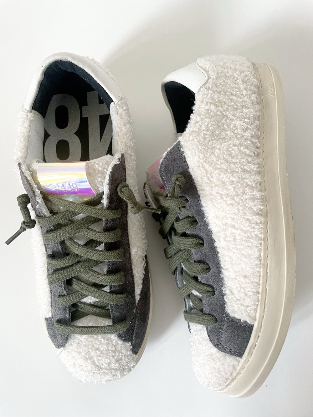 New P448 John Wad White Green Gray Teddy Sherpa Fashion Sneakers size 8.5